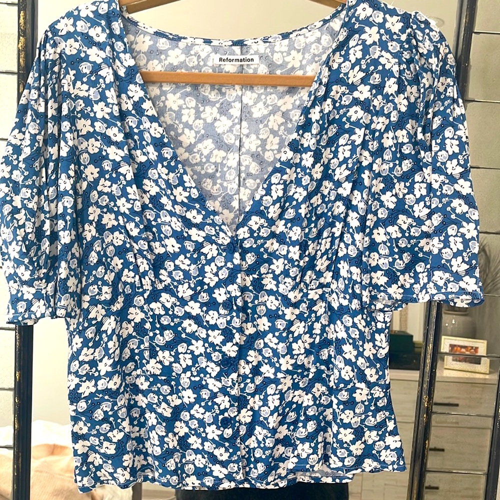 Reformation Blue Floral Top